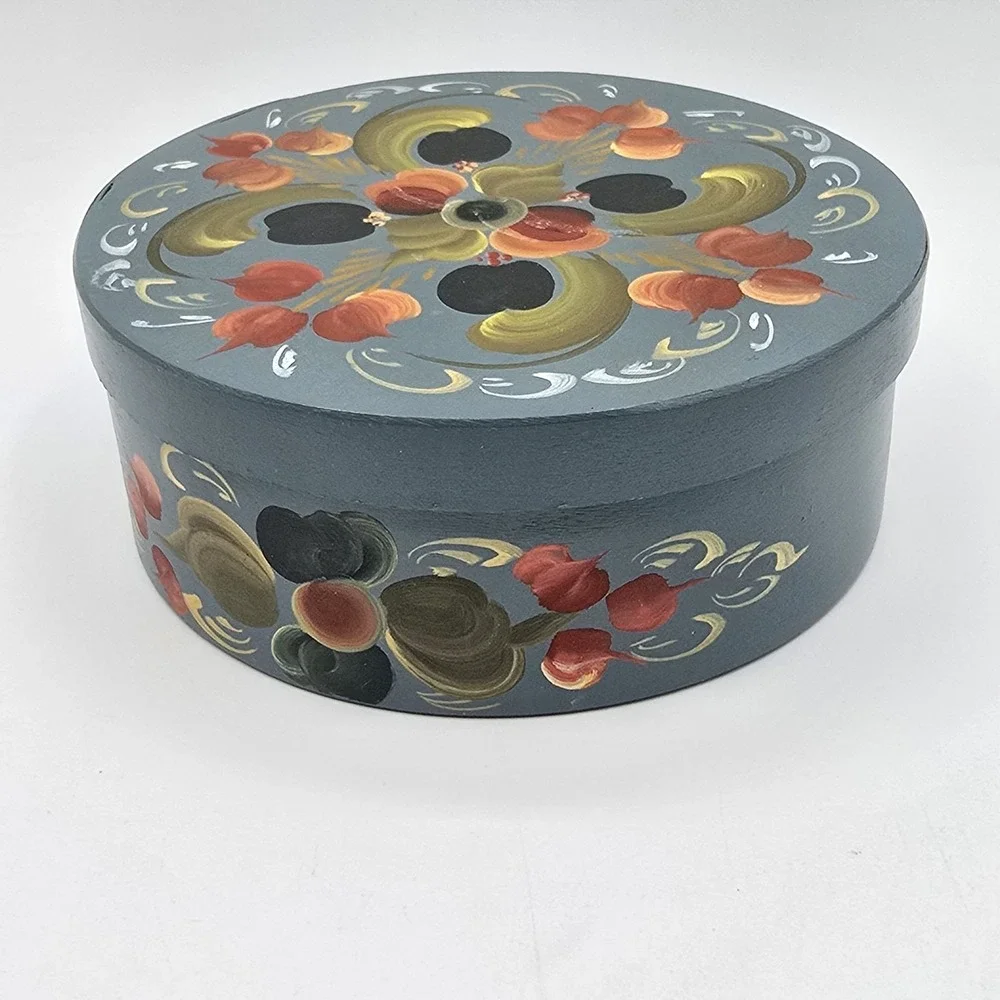 Vintage Wood Wooden Tole Hand Made Hand Painted Round Trinket Box Floral